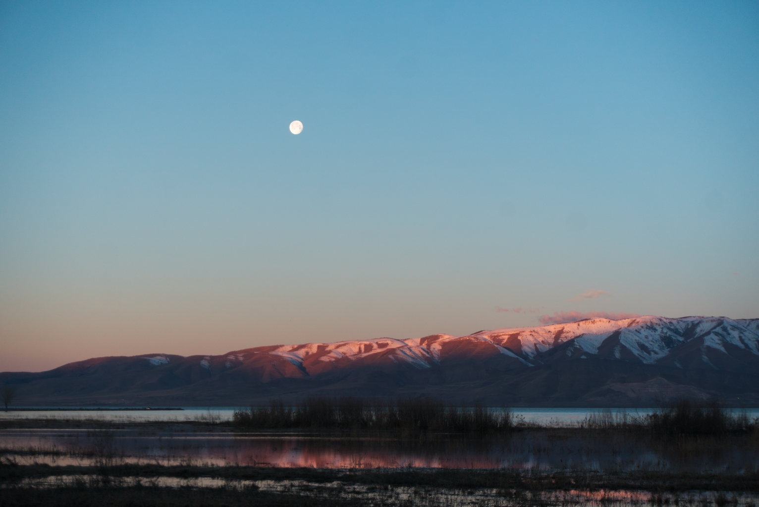 Across the wetlants and the lake the mountains catch the first morning light, above them the nearly full moon