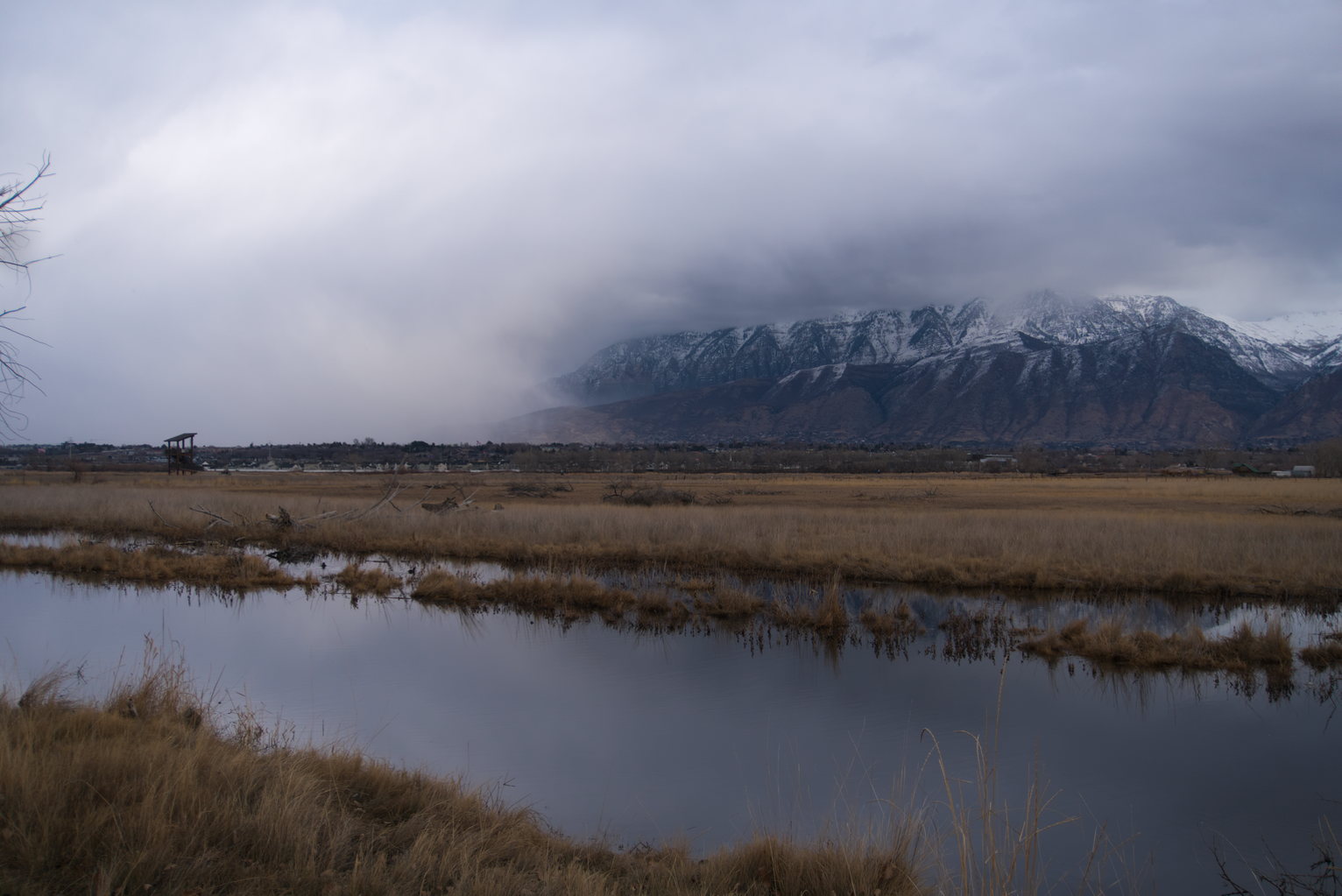 A still creek in dry grasses reflects the bright snowy storm coming in from the north hiding the mountains