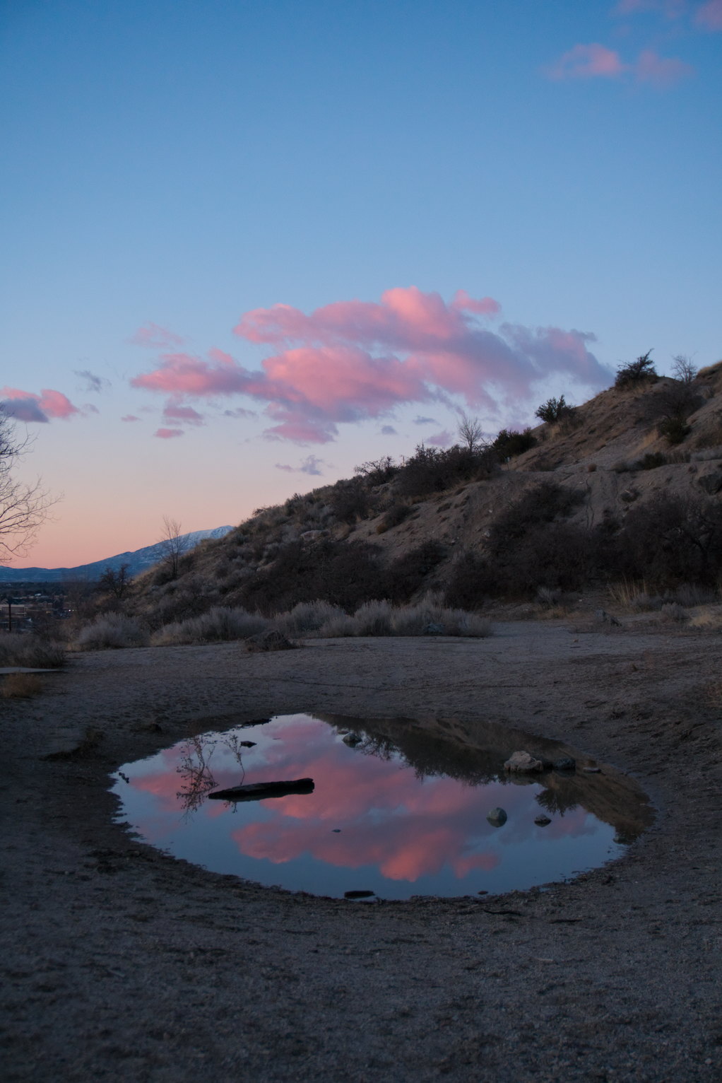 Pink clouds reflected in a pool of water in the dirt on a wintry, brown mountainside