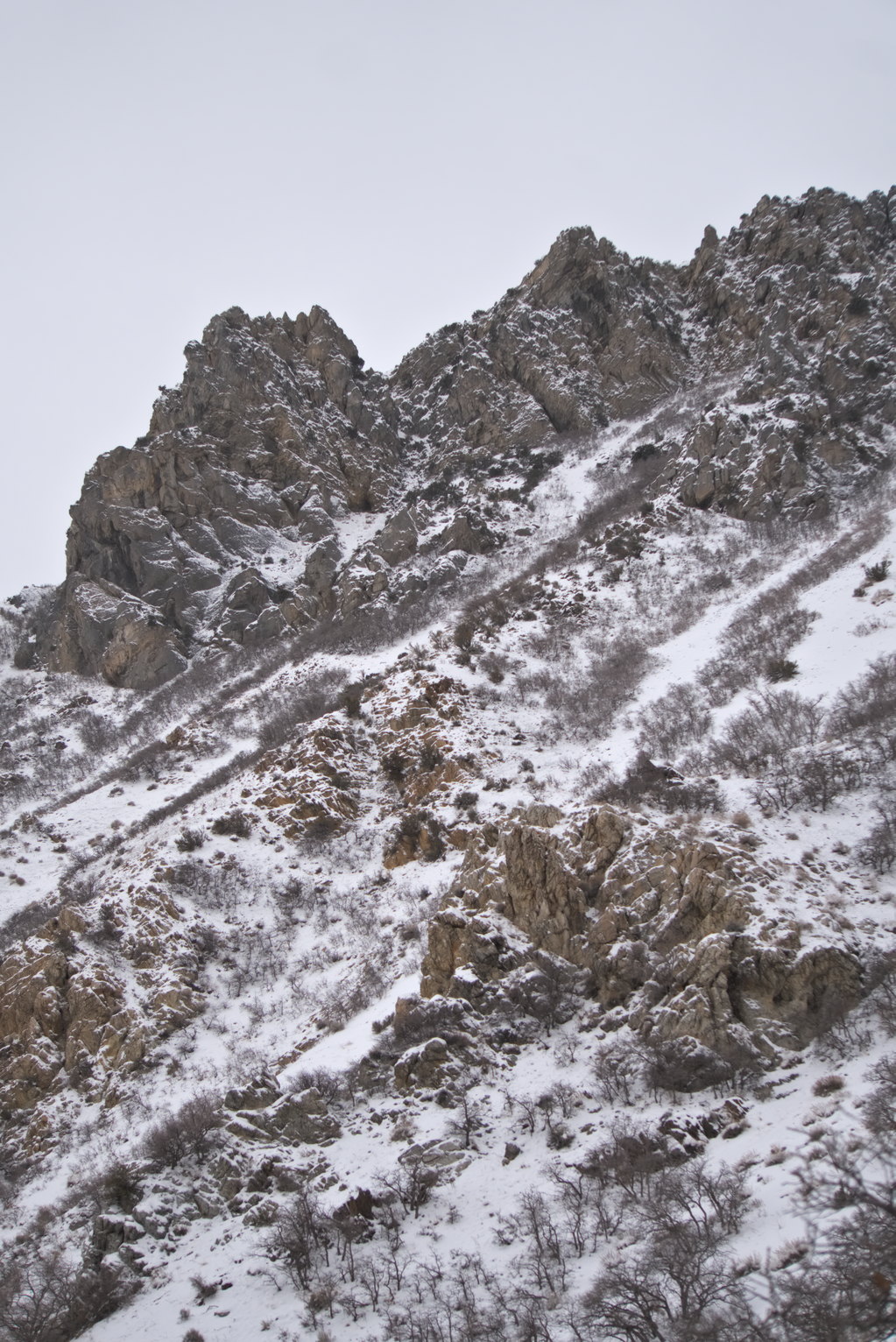 The snowy mountainside with rocky, snow-highlighted outcroppings further up