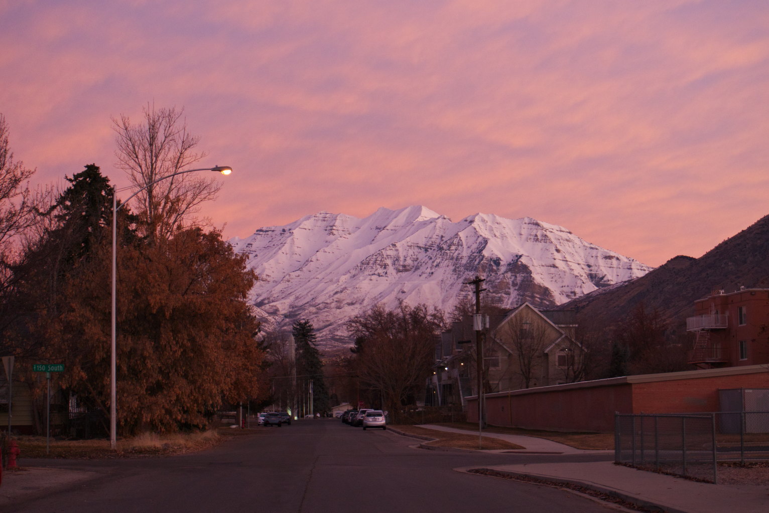 A snowy mountain looms over a street, trees, and houses in peachy clouds