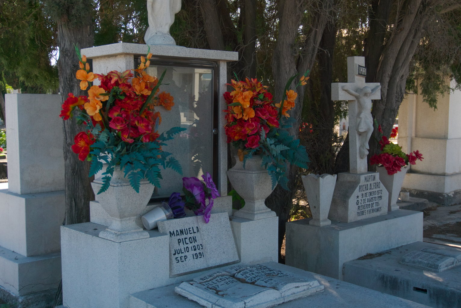 Flowers in vases placed on tombs under a cypress tree