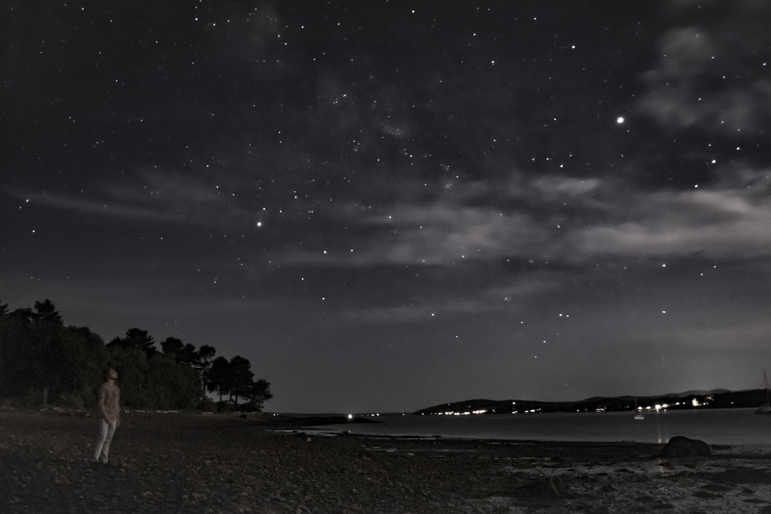 someone looks up at the stars over belfast bay