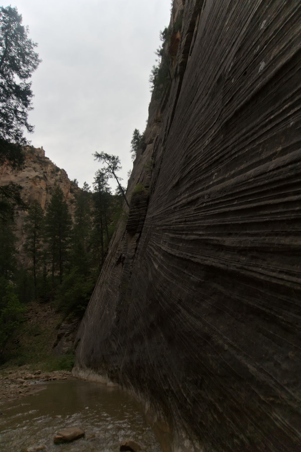 A grey stripey wall on the right, river below and trees in the background