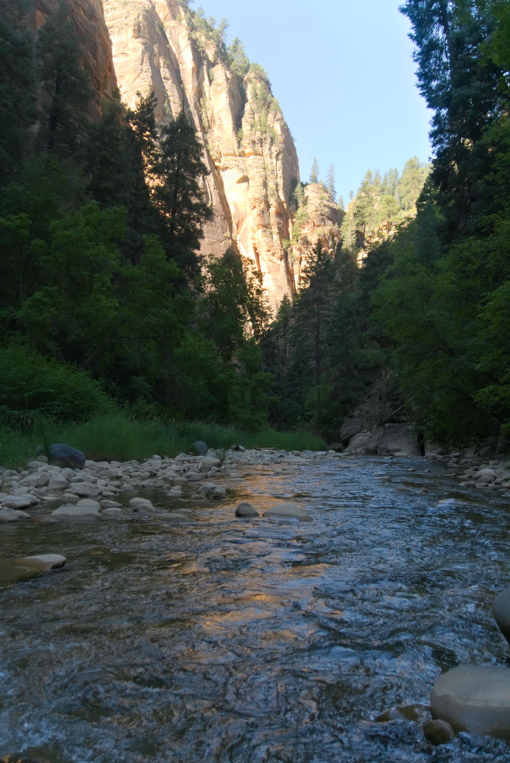 Sunlit cliffsides in the distance reflect orange in the river water, trees up ahead and on either side